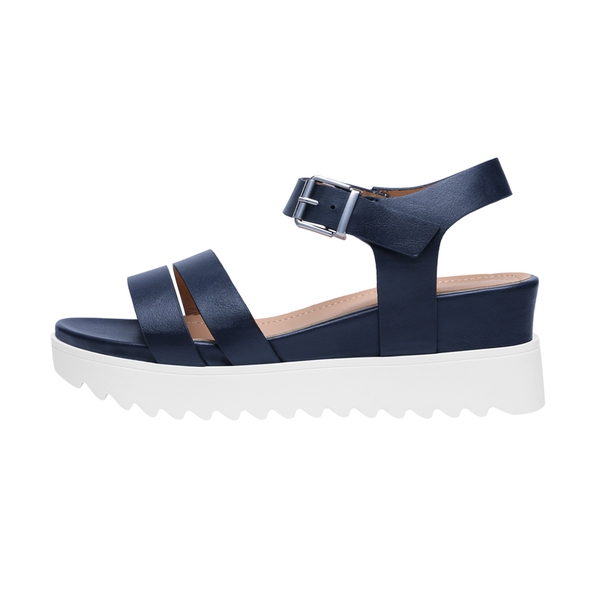 Buckle Ankle Strap Platform Wedge Sandals - NAVY PU - 1